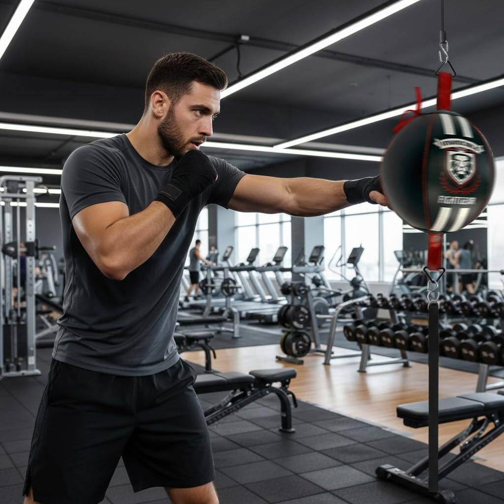 Alt View 2. Amber Sporting Goods - Professional Leather Double End Boxing Bag Fitness Speed Dodge Reflex Ball, Floor to Ceiling Training, 7 Inch - Black/Red.