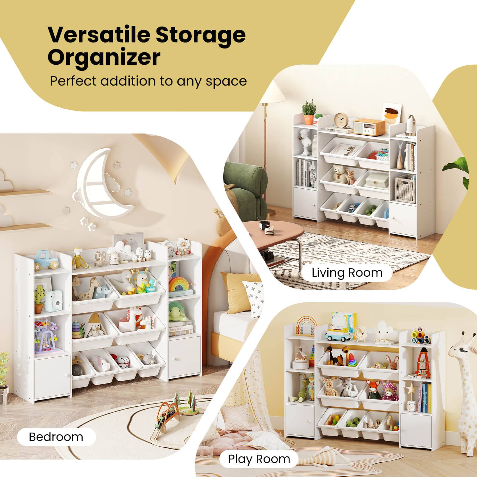 Versatile Storage Organizer  
Perfect addition to any space  

Living Room  
Bedroom  
Play Room