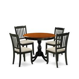 East West Furniture - 5-Piece Modern Dining Set Includes a Round Wood Table and 4 Linen Fabric Dining Room Chairs with - Multi-Color