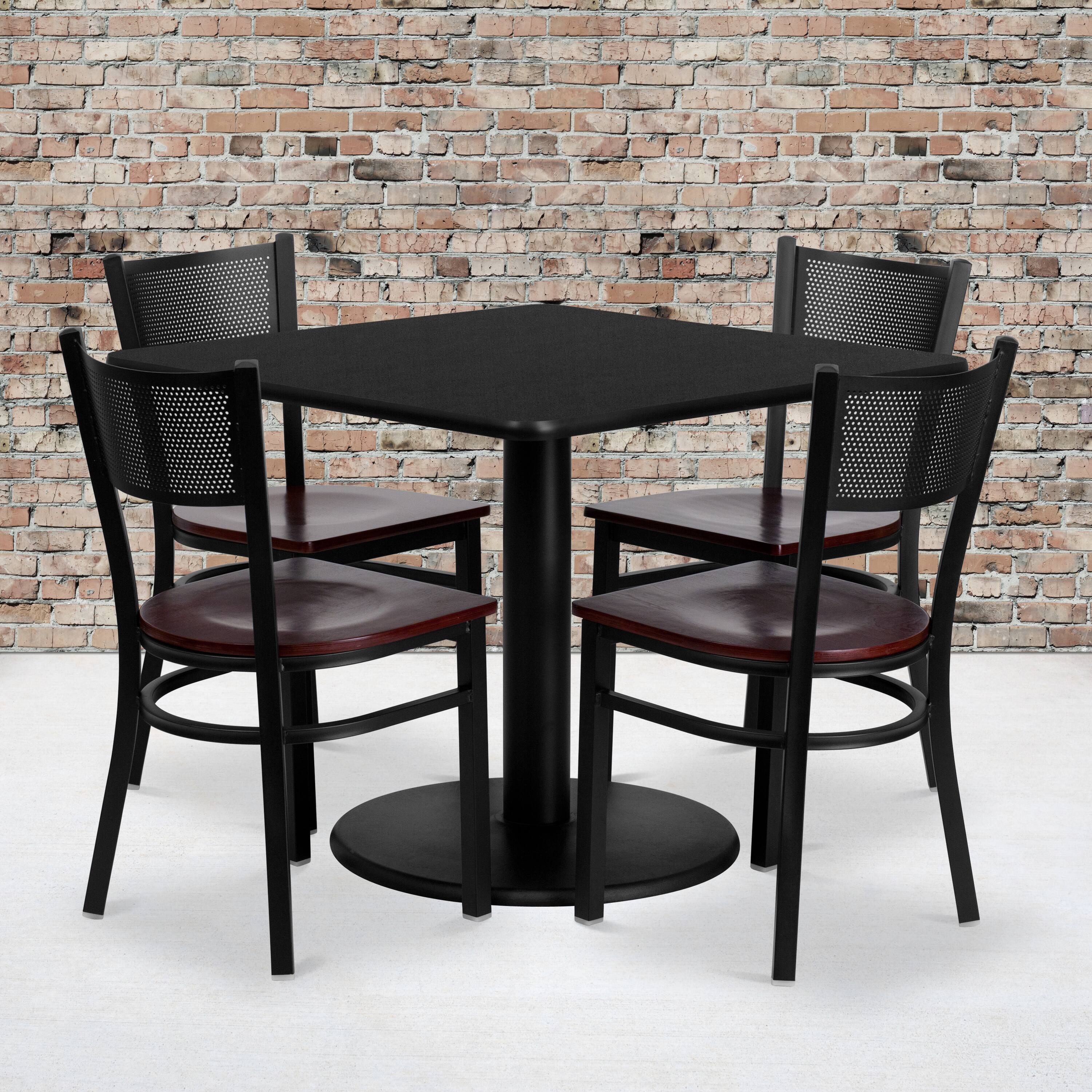 Alt View 1. Emma + Oliver - 36'' Square Laminate Table Set with 4 Grid Back Metal Chairs - Black.