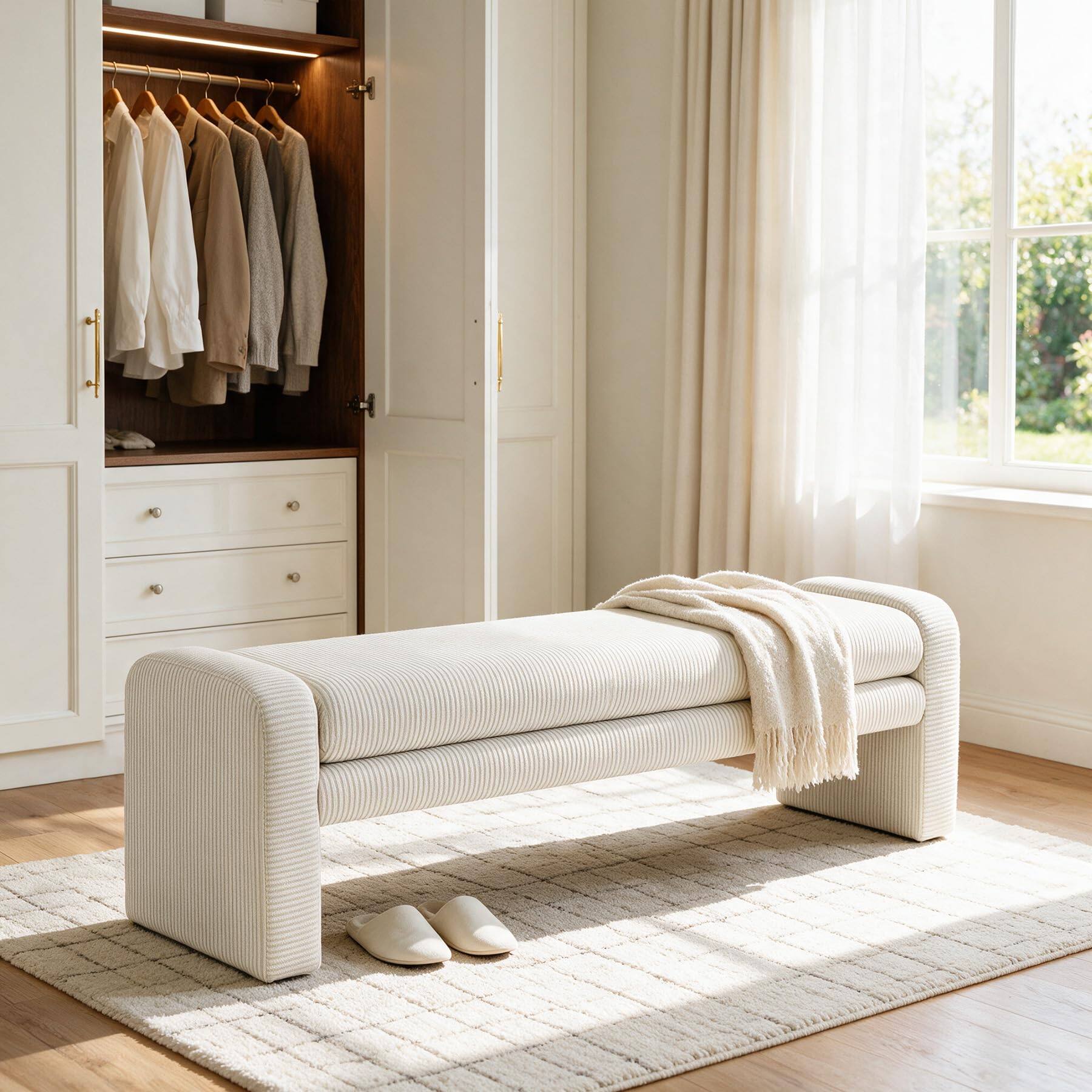 Left. Tribesigns - 55" Upholstered End of Bed Bench, Solid Wood Frame, White - White.