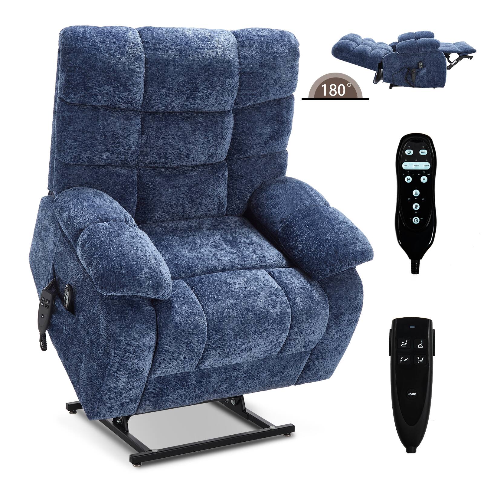 LUCKY ONE - Dual Motor Chenille Lift Recliner Chiar with Massage & Heat - Blue
