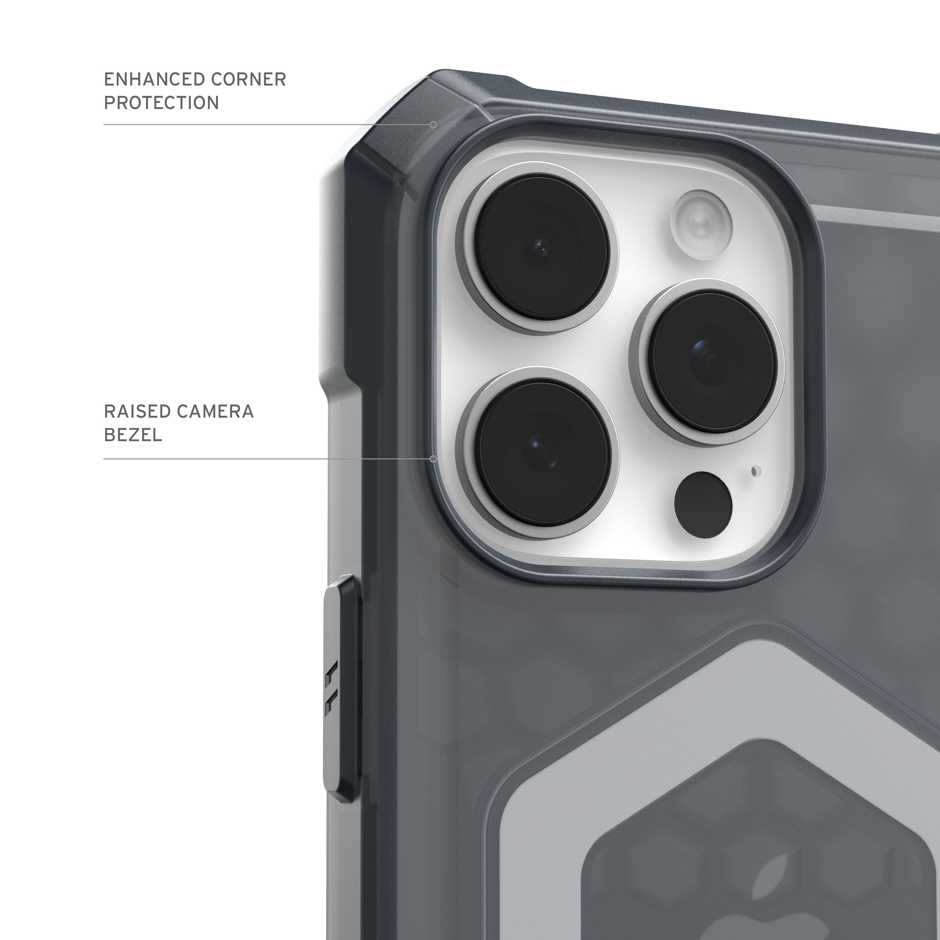 The image shows a close-up of a cell phone camera lens, with the lens surrounded by a raised camera bezel. This bezel provides enhanced corner protection for the camera, ensuring that it is less likely to be damaged in case of a fall or impact. The image also highlights the multiple lenses of the camera, which are designed to capture different angles and perspectives for improved photography.