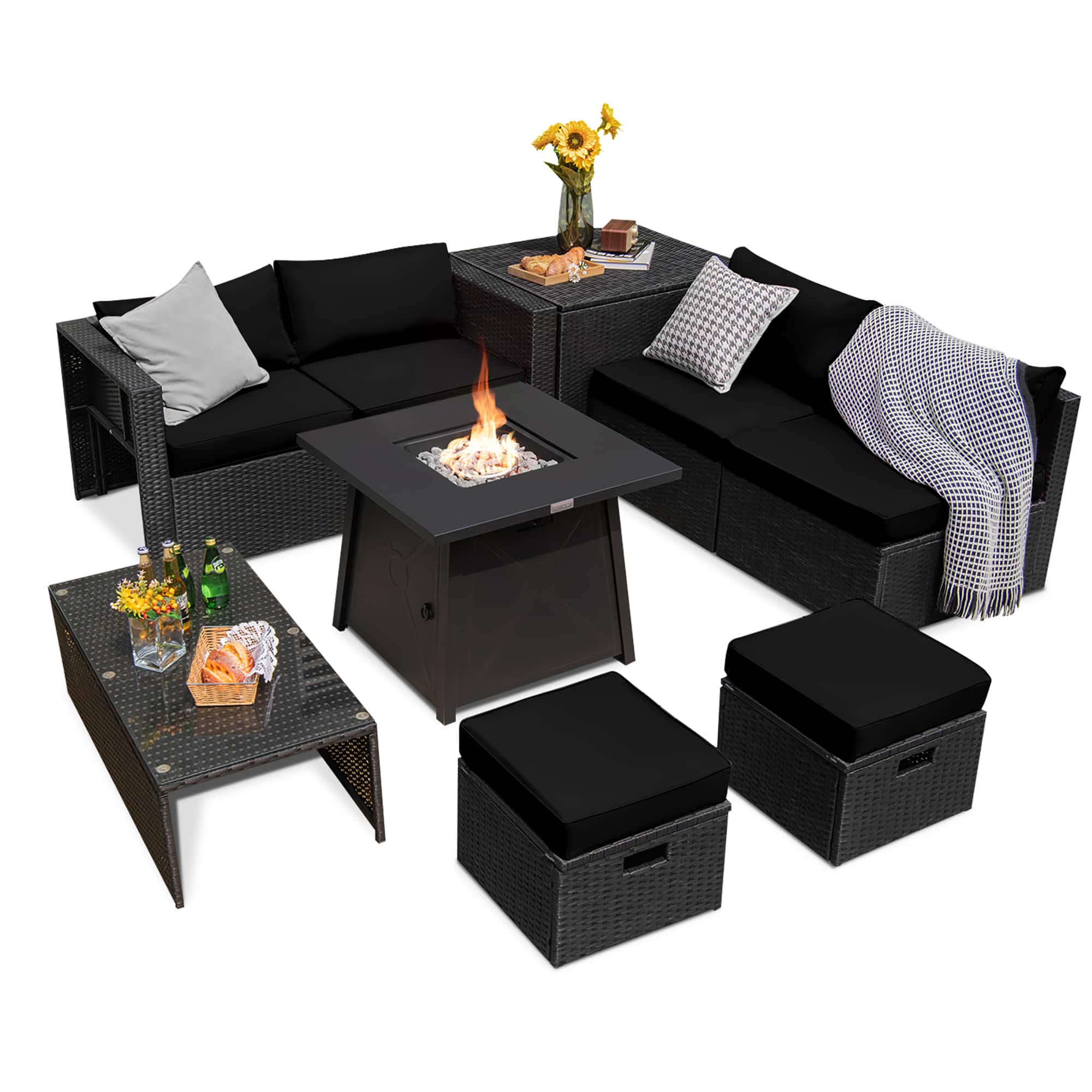 Costway - 9PCS Patio Rattan Furniture Set Fire Pit Space-saving W/Cover Cushion cover - Black