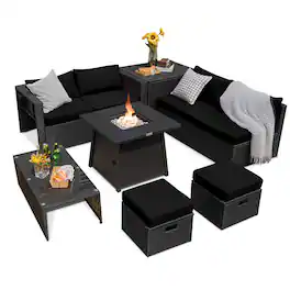Costway - 9PCS Patio Rattan Furniture Set Fire Pit Space-saving W/Cover Cushion cover - Black