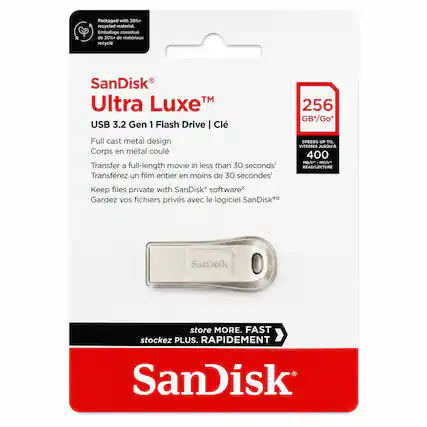 Packaged with 20%+ recycled material
Emballage constitué de 20%+ de matériaux recyclés
SanDisk Ultra Luxe™
USB 3.2 Gen 1 Flash Drive | Clé
Full cast metal design
Corps en métal coulé
Transfer a full-length movie in less than 30 seconds'
Transférez un film entier en moins de 30 secondes'
256 GB*
SPEEDS UP TO, VITESSES JUSQU'A 400 MB/s
READ/LECTURE
Keep files private with SanDisk's software*
Gardez vos fichiers privés avec le logiciel SanDisk*
SanDisk store MORE. FAST
stockez PLUS. RAPIDEMENT