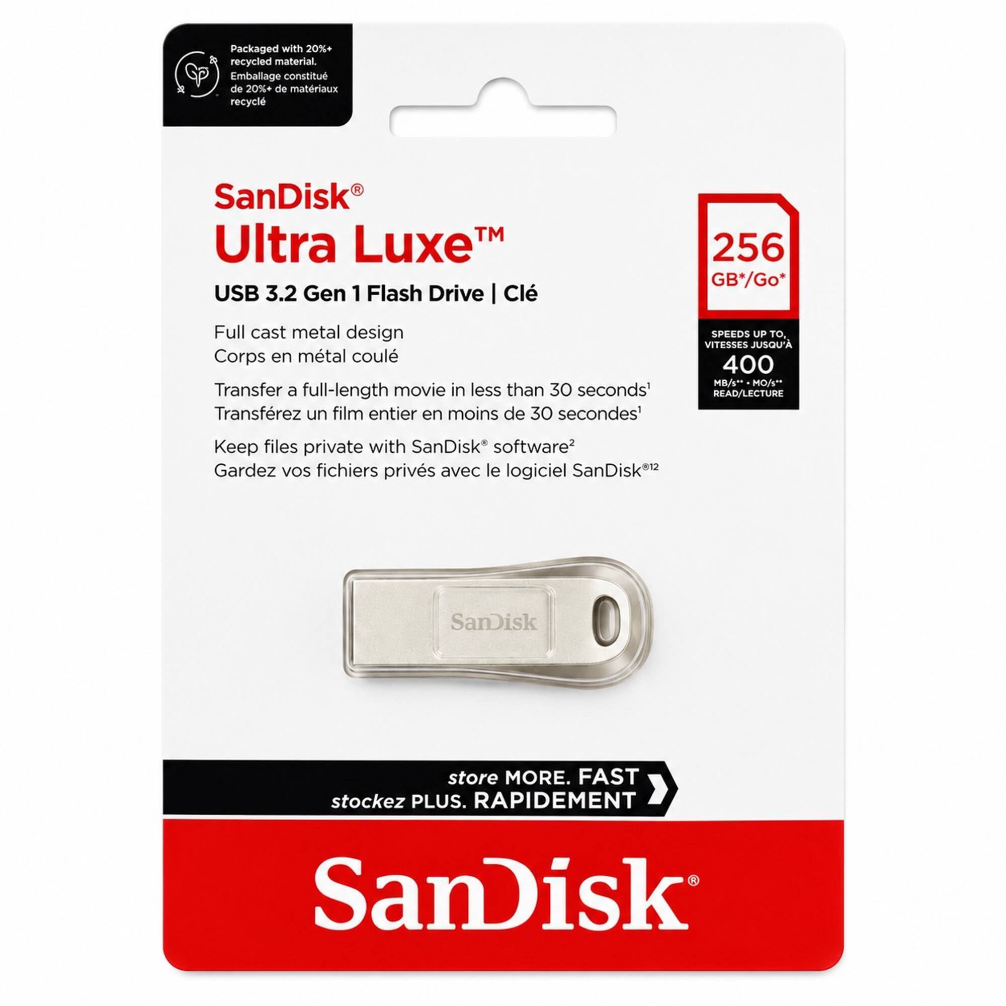 Packaged with 20%+ recycled material  
Emballage constitué de 20%+ de matériaux recyclés  

SanDisk Ultra Luxe™  
USB 3.2 Gen 1 Flash Drive | Clé  

Full cast metal design  
Corps en métal coulé  

Transfer a full-length movie in less than 30 seconds'  
Transférez un film entier en moins de 30 secondes'  

256 GB*  

SPEEDS UP TO, VITESSES JUSQU'A 400 MB/s  
READ/LECTURE  

Keep files private with SanDisk's software*  
Gardez vos fichiers privés avec le logiciel SanDisk*  

SanDisk store MORE. FAST  
stockez PLUS. RAPIDEMENT