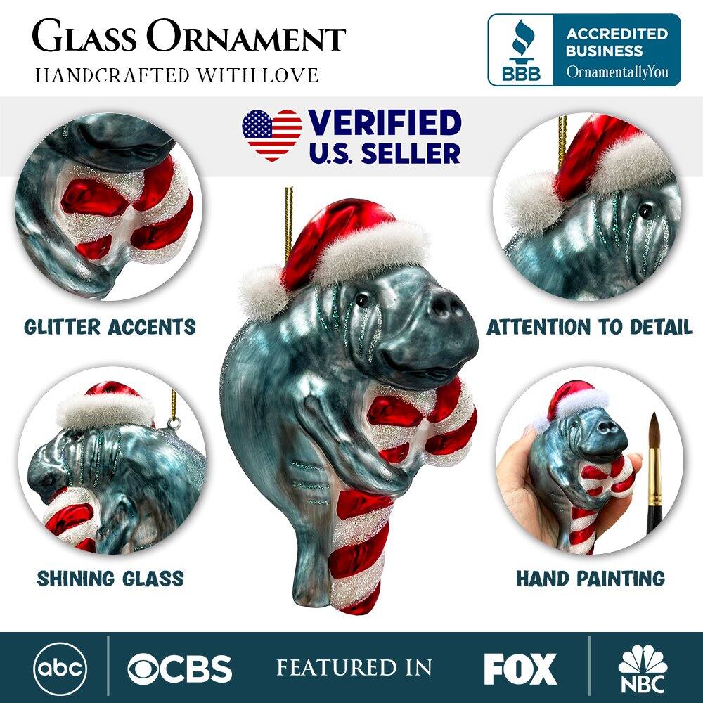 **GLASS ORNAMENT**  
HANDCRAFTED WITH LOVE  

**VERIFIED U.S. SELLER**  

- GLITTER ACCENTS  
- ATTENTION TO DETAIL  
- SHINING GLASS  
- HAND PAINTING  

**ACCREDITED BUSINESS**  
OrnamentallyYou  

**FEATURED IN**  
abc | CBS | FOX | NBC