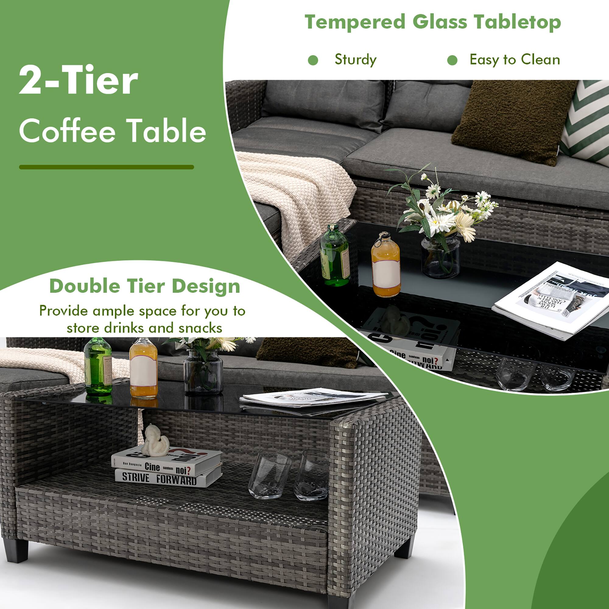 Tempered Glass Tabletop, 2-Tier Coffee Table, Sturdy, Easy to Clean, Double Tier Design, Provide ample space for you to store drinks and snacks.