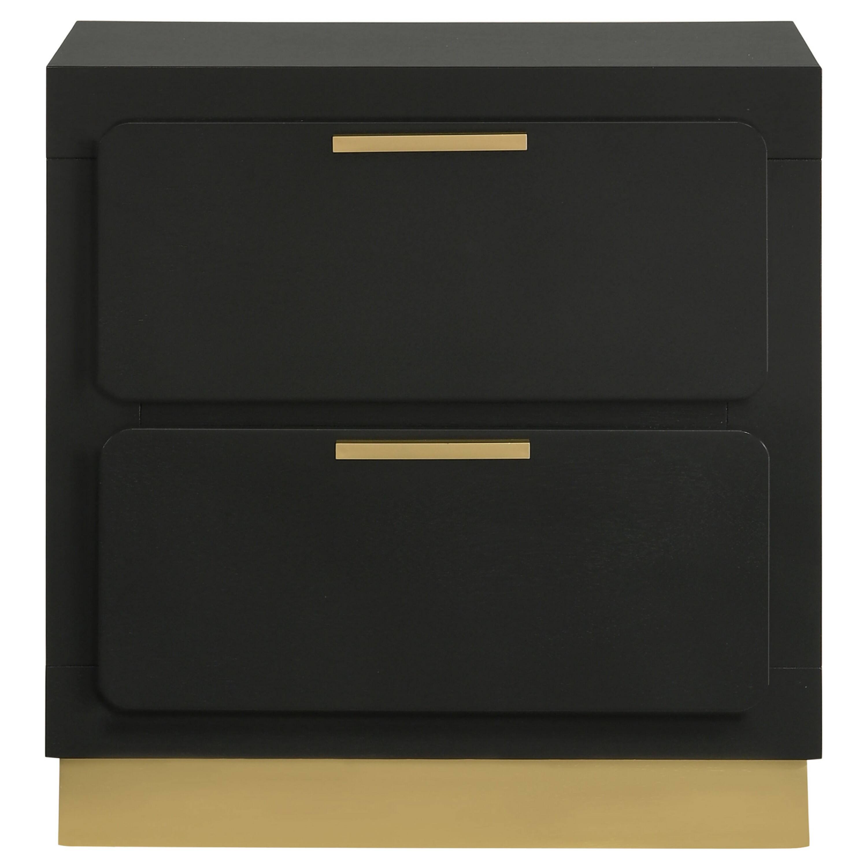 Angle. Manhattan Lane - Caer Nightstand, 2 Drawers,  Accent Recessed Base, Bar Handles, - Black, Gold.