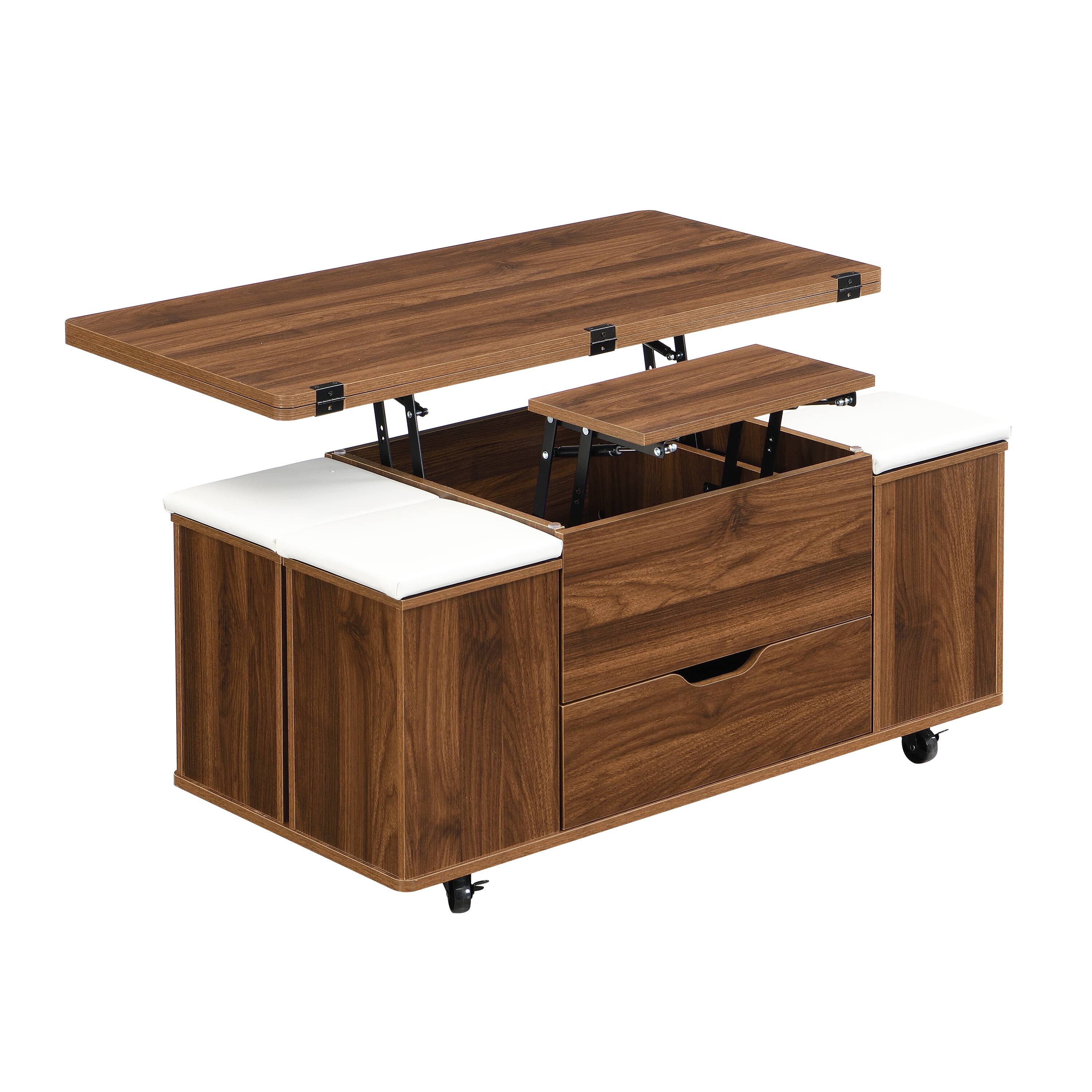 Front. Ecooso - Coffee Table Multi-Functional Lift-Top with Hidden Storage and 4 Stools, Modern Center Table for Living Room - Walnut,White.