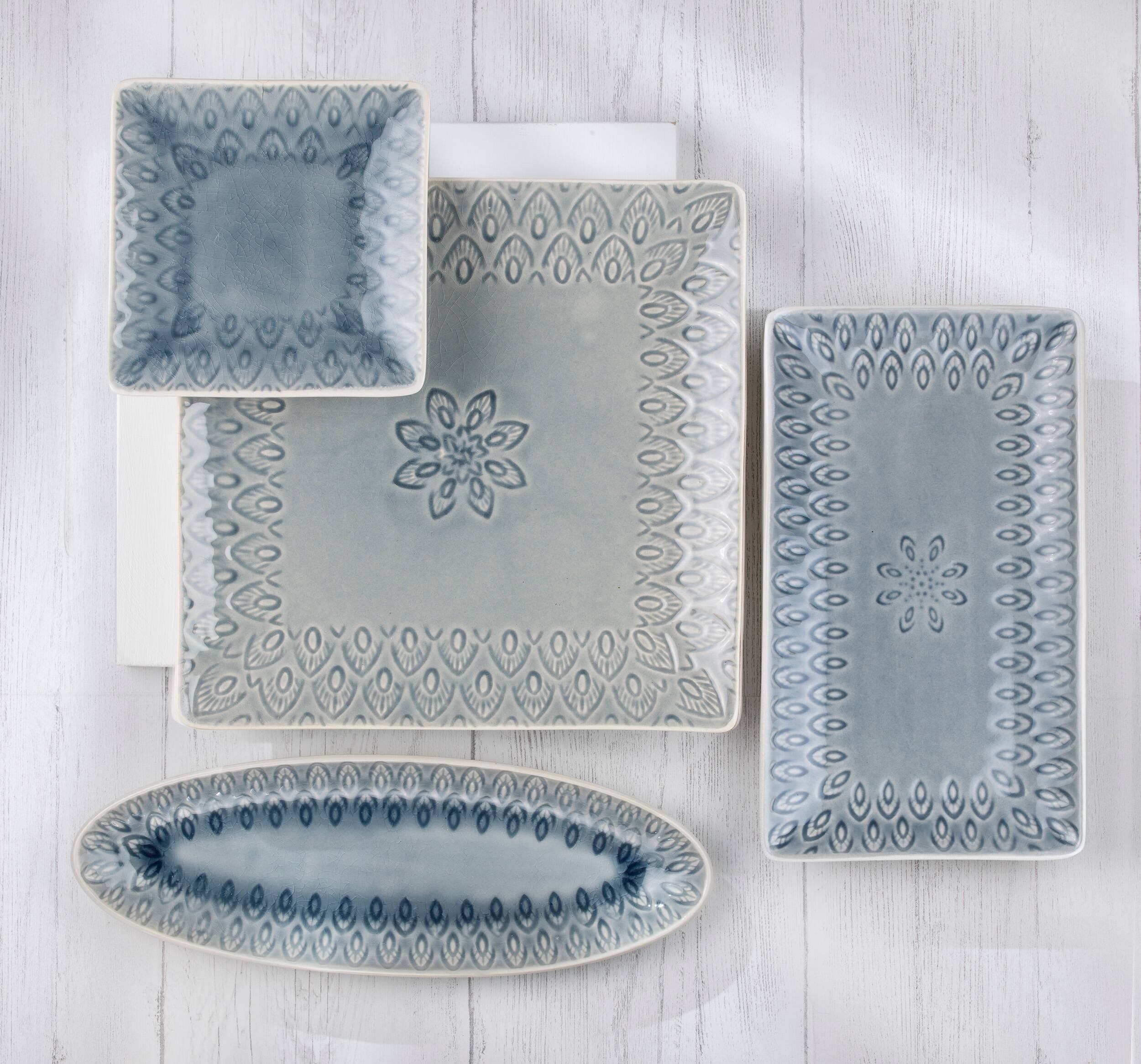Left. Euro Ceramica Home - Peacock 4-Piece Stoneware Square Appetizer Plates Set -- Grey - Grey.