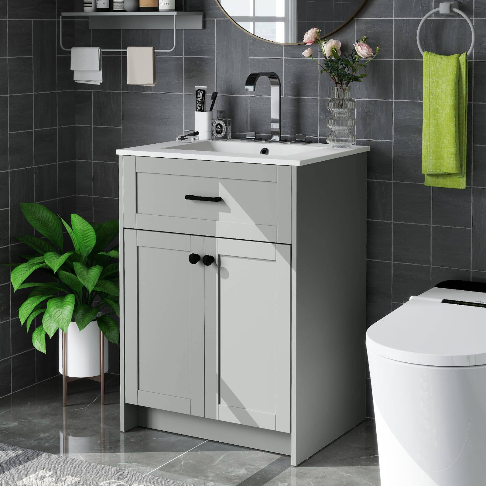 Alt View 1. Ecooso - Bathroom Vanity Unit with Basin and 2 Doors - Gray.