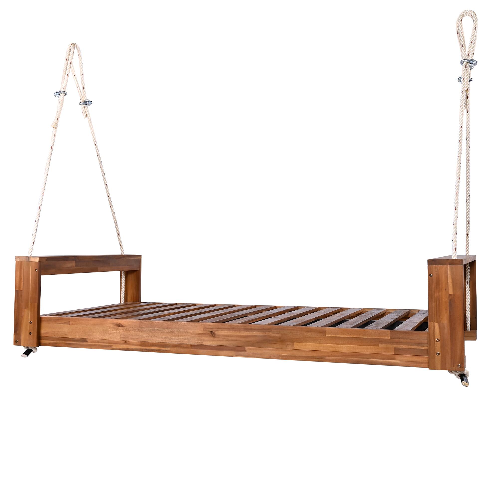Alt View 5. GOODSILO - Twin Size Porch Swing Bed - Acacia Wood Swing Frame with Hemp Ropes for Garden & Backyard - Natural.