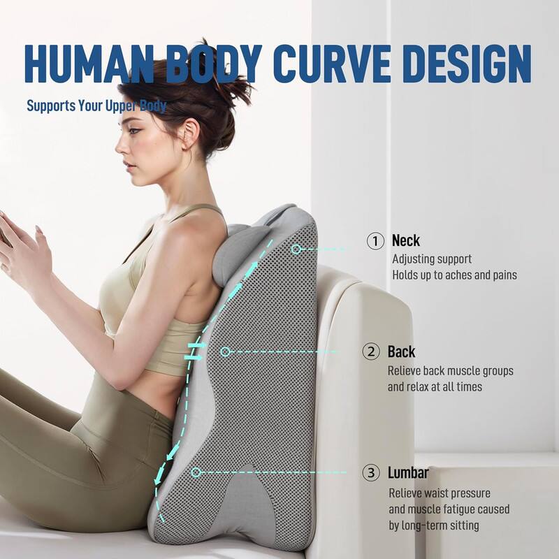 HUMAN BODY CURVE DESIGN  
Supports Your Upper Body  

1. Neck  
Adjusting support  
Holds up to aches and pains  

2. Back  
Relieve back muscle groups and relax at all times  

3. Lumbar  
Relieve waist pressure and muscle fatigue caused by long-term sitting
