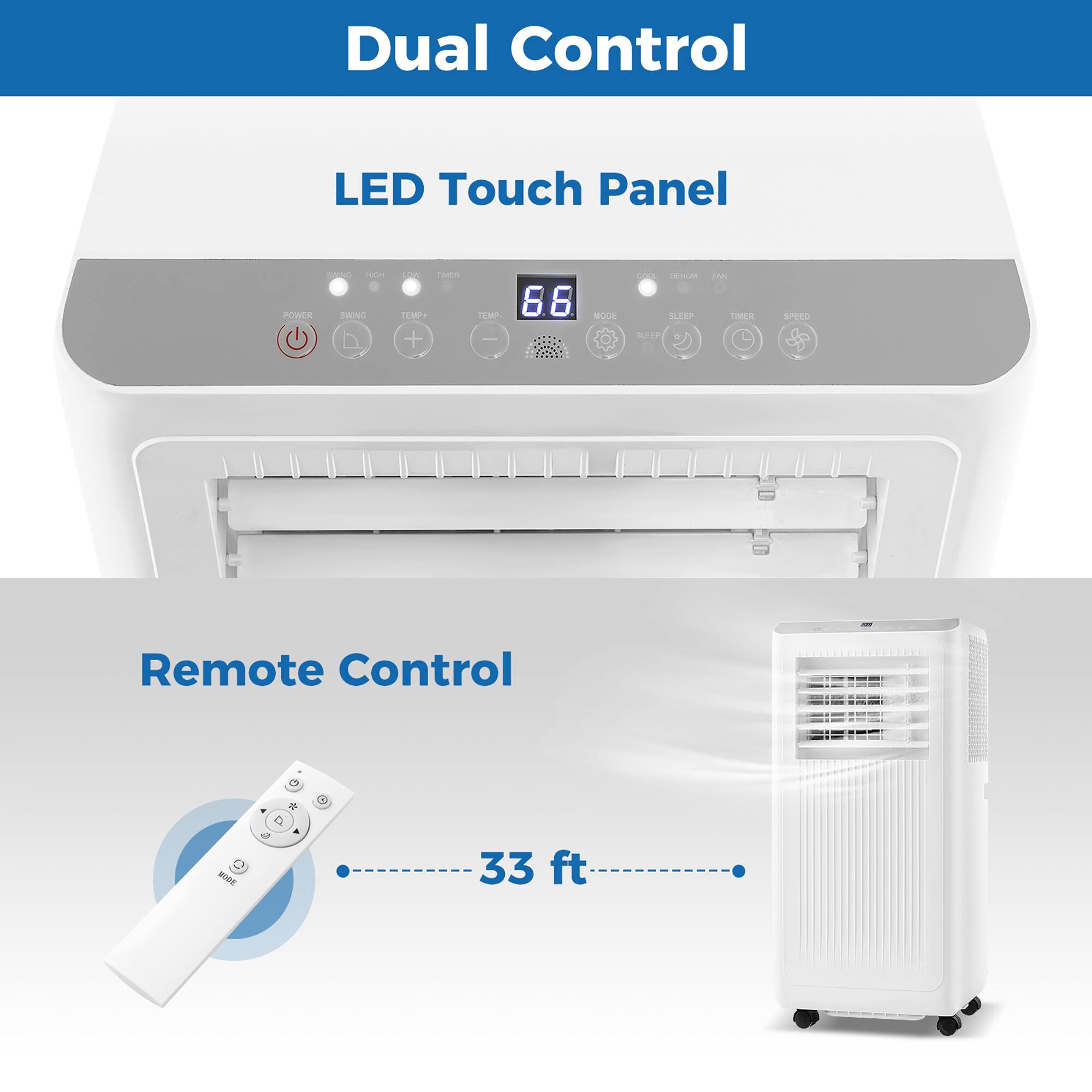 Dual Control LED Touch Panel - POWER SWING TEMP TIMER SLEEP MODE SPEED - Remote Control - 33 ft