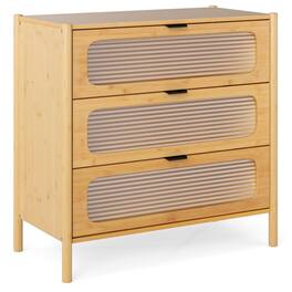 Costway - 3-Drawer Dresser with Reeded Tempered Glass Front Bamboo Storage Cabinet - Beige