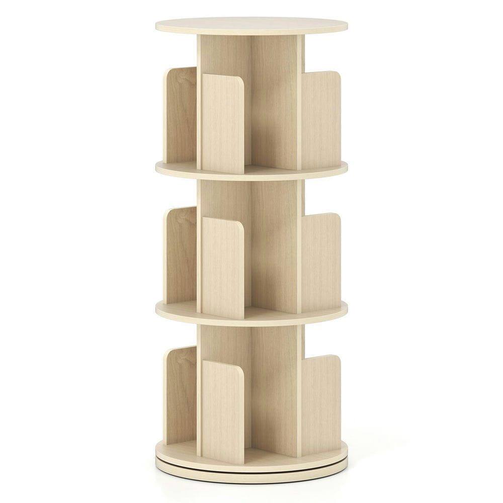 Alt View 2. Kadyn - 3-Tier Rotating Bookshelf - Dividers & Anti-Falling Baffles, Natural - Brown.
