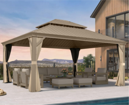 PURPLE LEAF - Hardtop Outdoor Aluminum Champagne Gazebo with Galvanized Steel Double Roof with Netting and Curtains - 14' X 16'