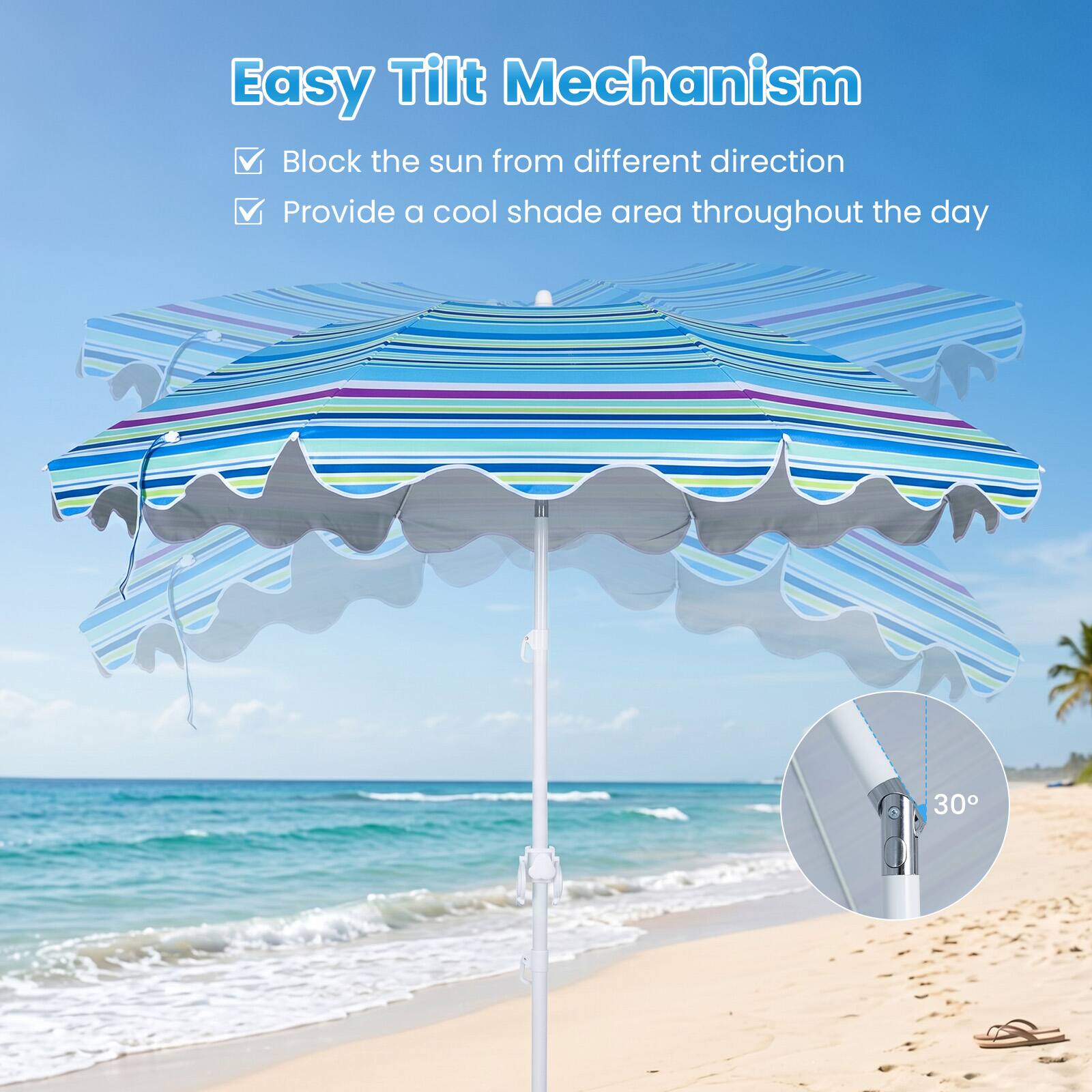 Easy Tilt Mechanism  
Block the sun from different direction  
Provide a cool shade area throughout the day
