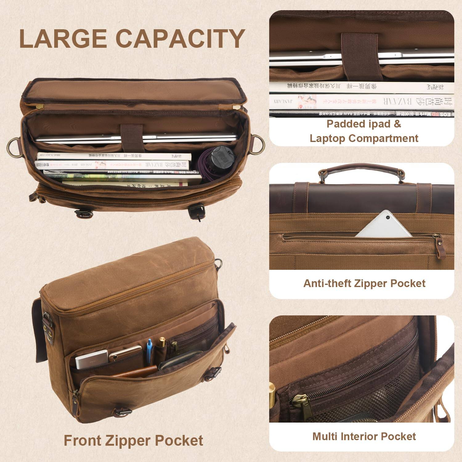 LARGE CAPACITY

Padded ipad & Laptop Compartment

Front Zipper Pocket

Anti-theft Zipper Pocket

Multi Interior Pocket