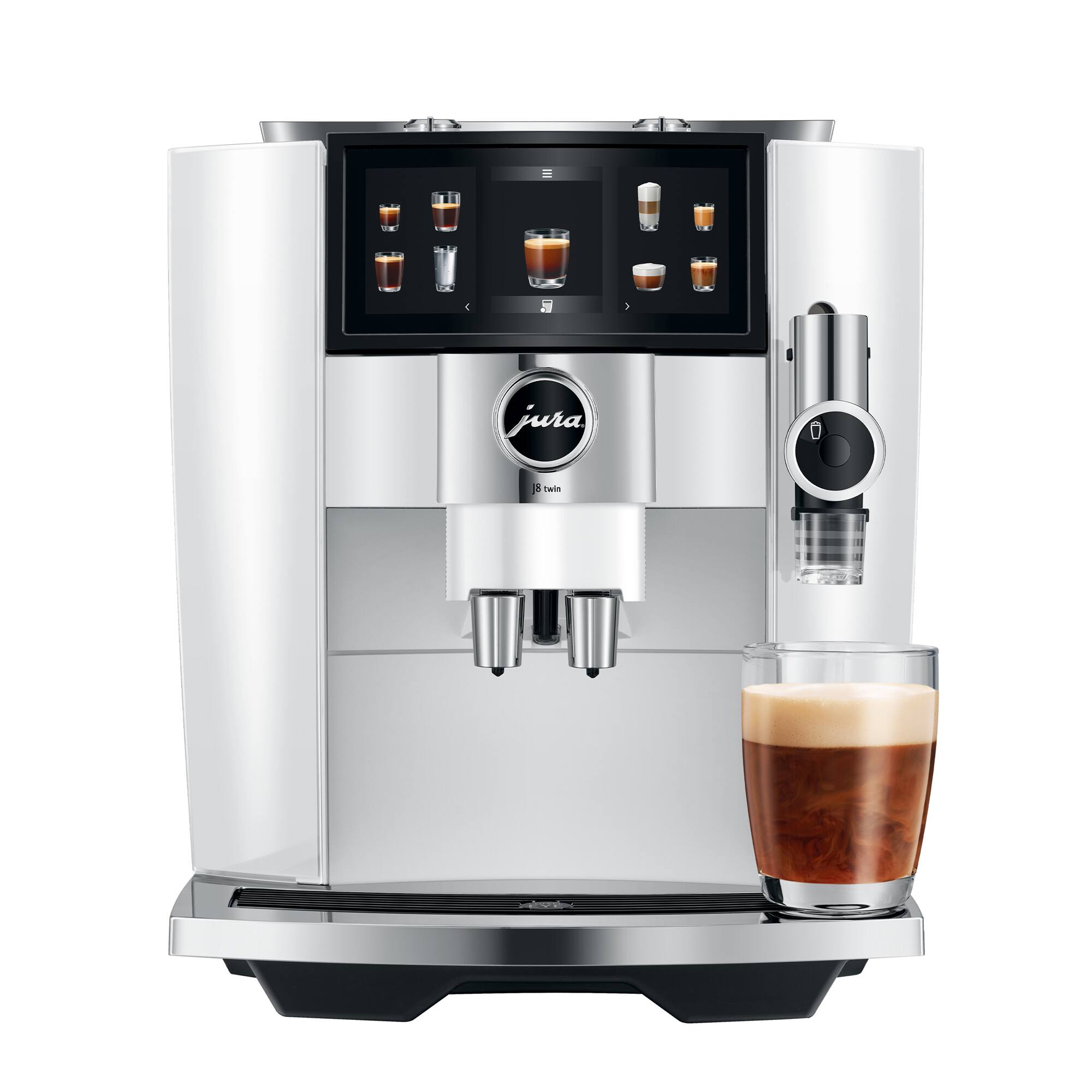 The image features a Jura B Twin coffee machine, which is a two-group espresso machine. The machine is white and silver in color, and it has a display screen on the front. The coffee machine is equipped with a milk frother, and it is ready to make a hot drink. There is a glass of coffee on the machine, indicating that it is in use. The machine is designed to make a variety of hot drinks, including coffee, espresso, and cappuccino.