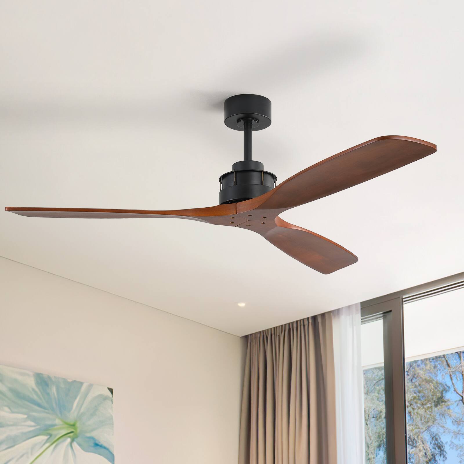 Sofucor - 60 Inch Ceiling Fan No Light Modern Solid Wood Ceiling Fan with Remote High Airflow Quiet Reversible DC Motor 6 Speeds - Black