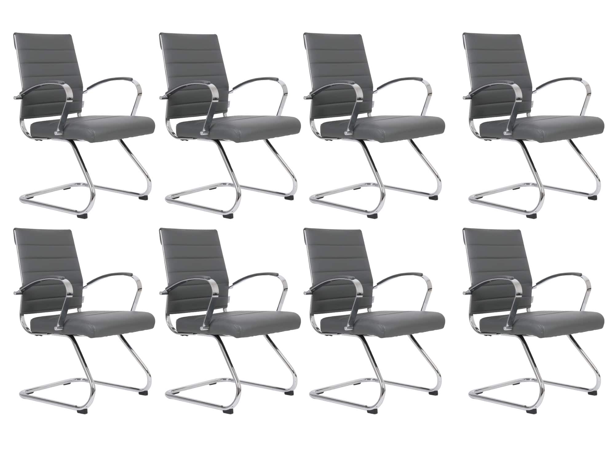 Front. LeisureMod - Set of 8 Benmar Modern Leather Office Desk Chair with Chrome Frame, Sled Base, and Padded Armrests - Grey.
