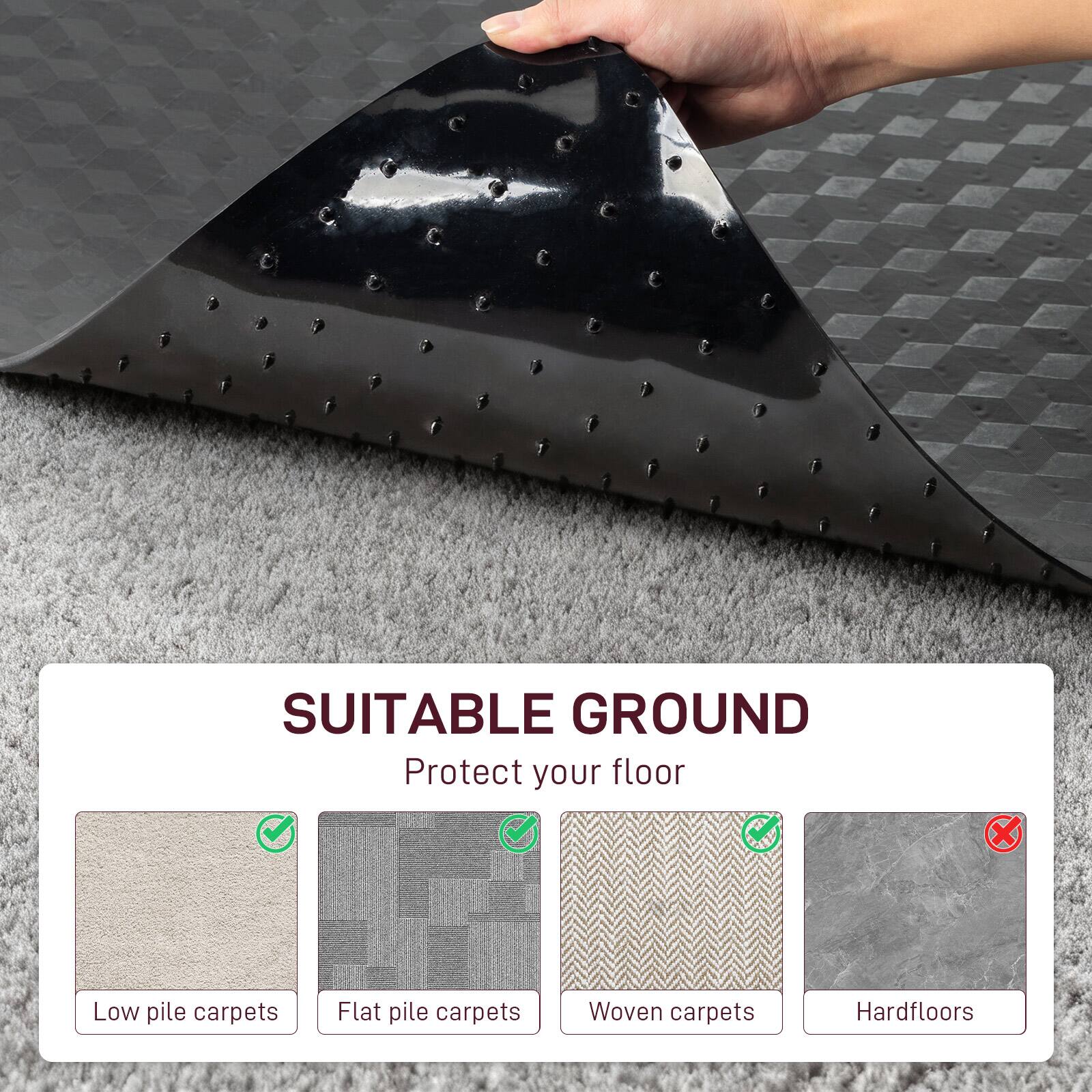 SUITABLE GROUND  
Protect your floor  
Low pile carpets  
Flat pile carpets  
Woven carpets  
Hardfloors