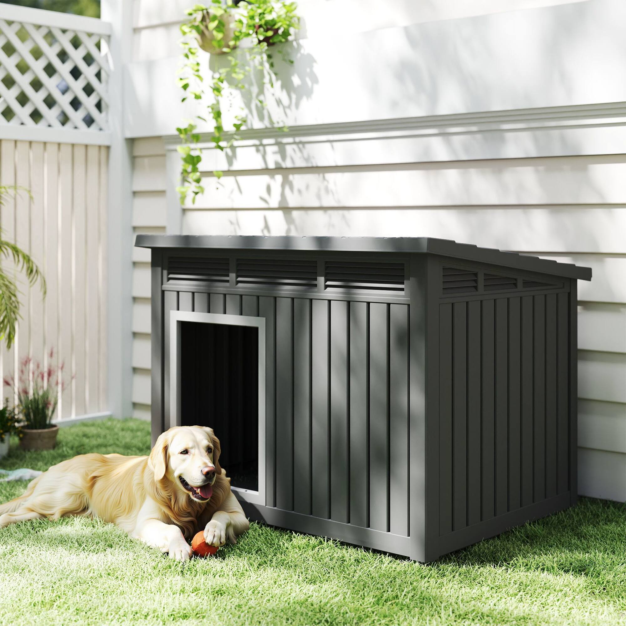 Angle. Yardgrace - 204 Large Dog House - Weatherproof, Removable Roof, Louvered Vents, Asphalt Roof, Elevated Base, Indoor/Outdoor Kennel - Black.