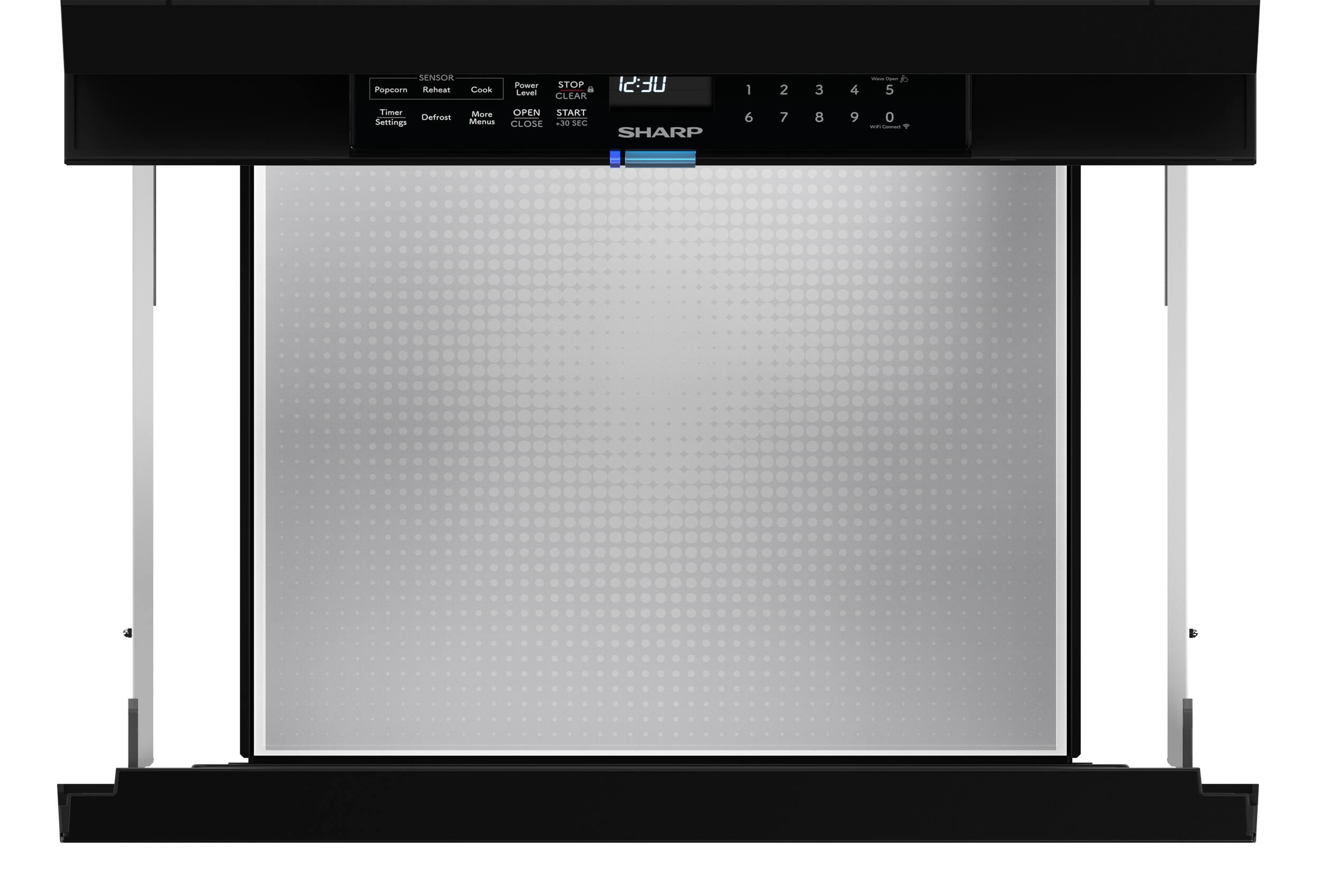 Sure, here is the corrected and grouped text from the image:

- **SENSOR**
  - Popcorn
  - Reheat
  - Timer
  - Settings
  - Defrost

- **Power Level**
  - 1 2 3 4 5

- **STOP CLEAR**

- **OPEN START**

- **CLOSE**

- **30 SEC**

- **SHARP**

- **Ic:3U**

- **Menu**

- **0** (with a clock icon)