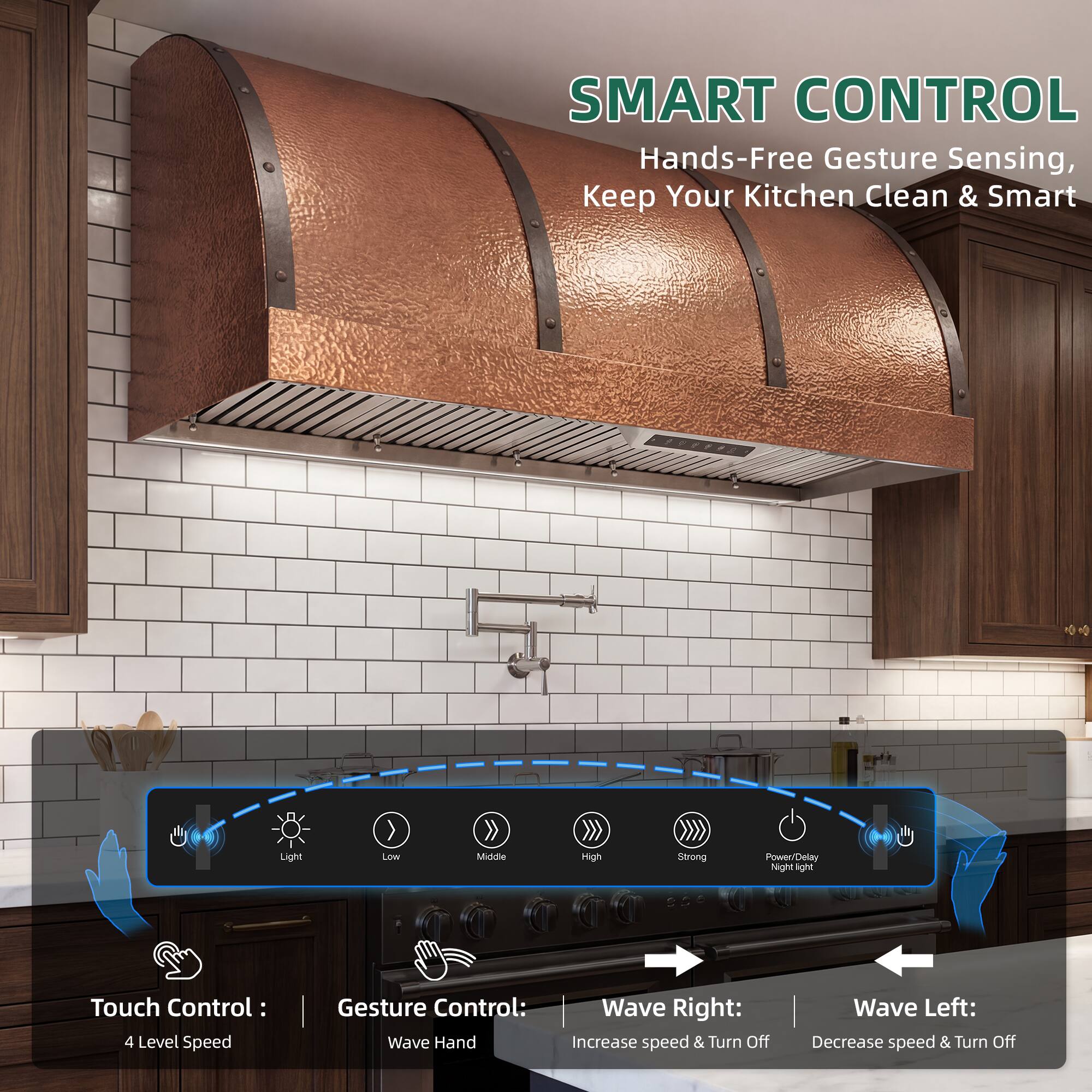SMART CONTROL  
Hands-Free Gesture Sensing, Keep Your Kitchen Clean & Smart  

Light: Low, Middle, High, Strong  
Touch Control: 4 Level Speed  
Gesture Control: Wave Hand  

Wave Right: Increase speed & Turn Off  
Wave Left: Decrease speed & Turn Off