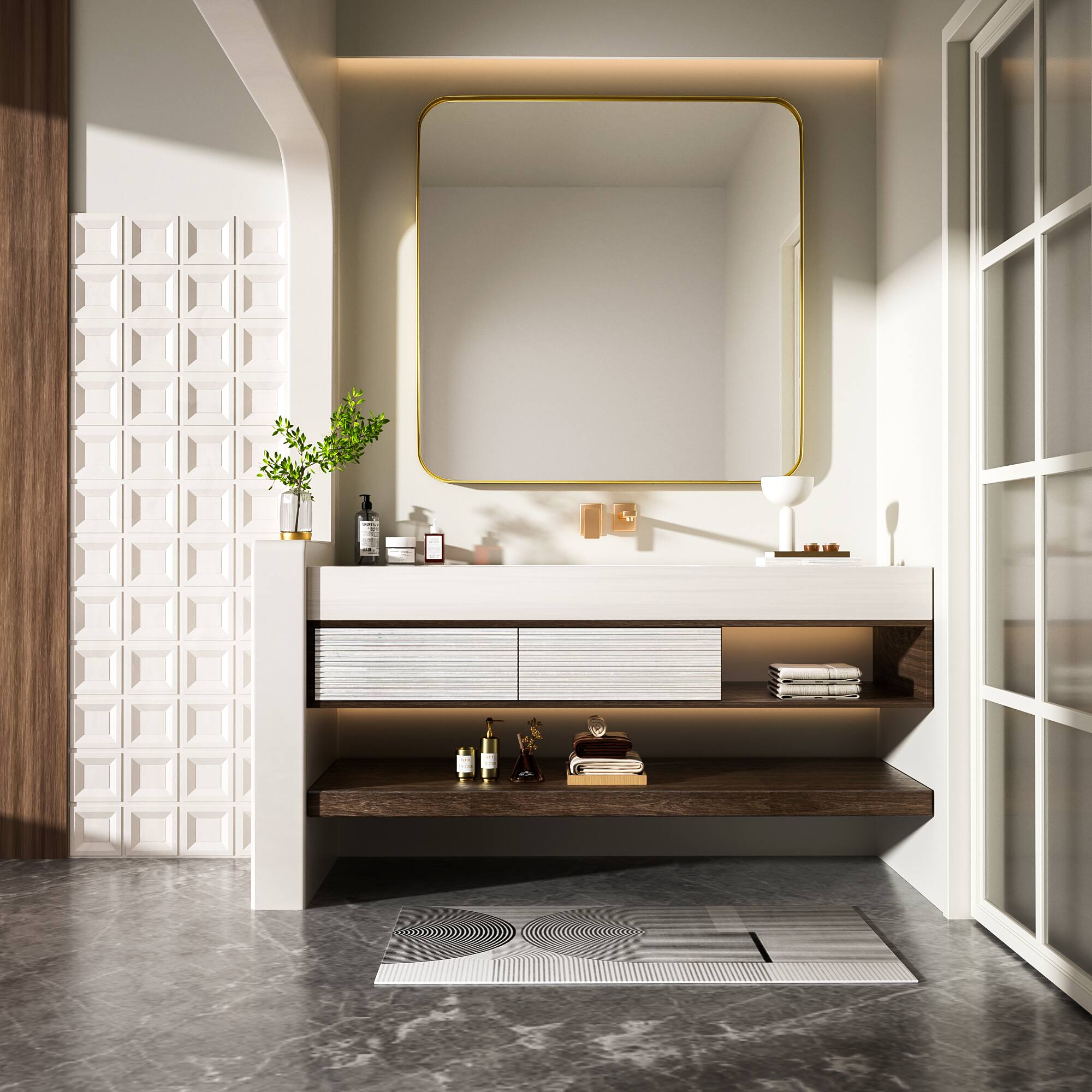 Alt View 13. LOVMOR - Tempered Glass Rounded Rectangle Framed Wall-Mounted Bathroom Vanity Mirror - 36" x 36" - Gold.