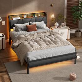 Furnulem - Full Upholstered Bed Frame with LED Lights, Headboard with Charging Station - Brown