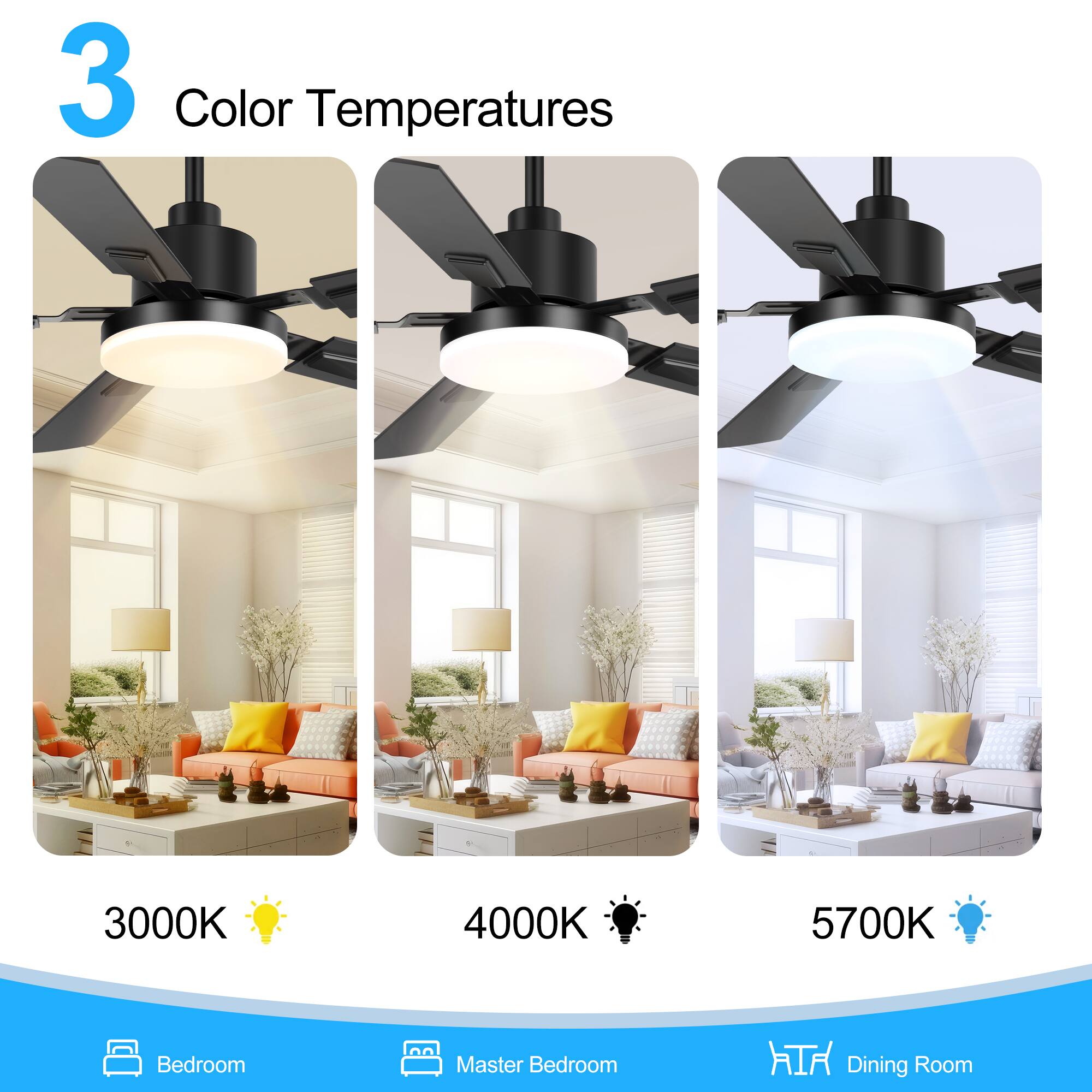 3 Color Temperatures
3000K
4000K
5700K
Bedroom
Master Bedroom
Dining Room