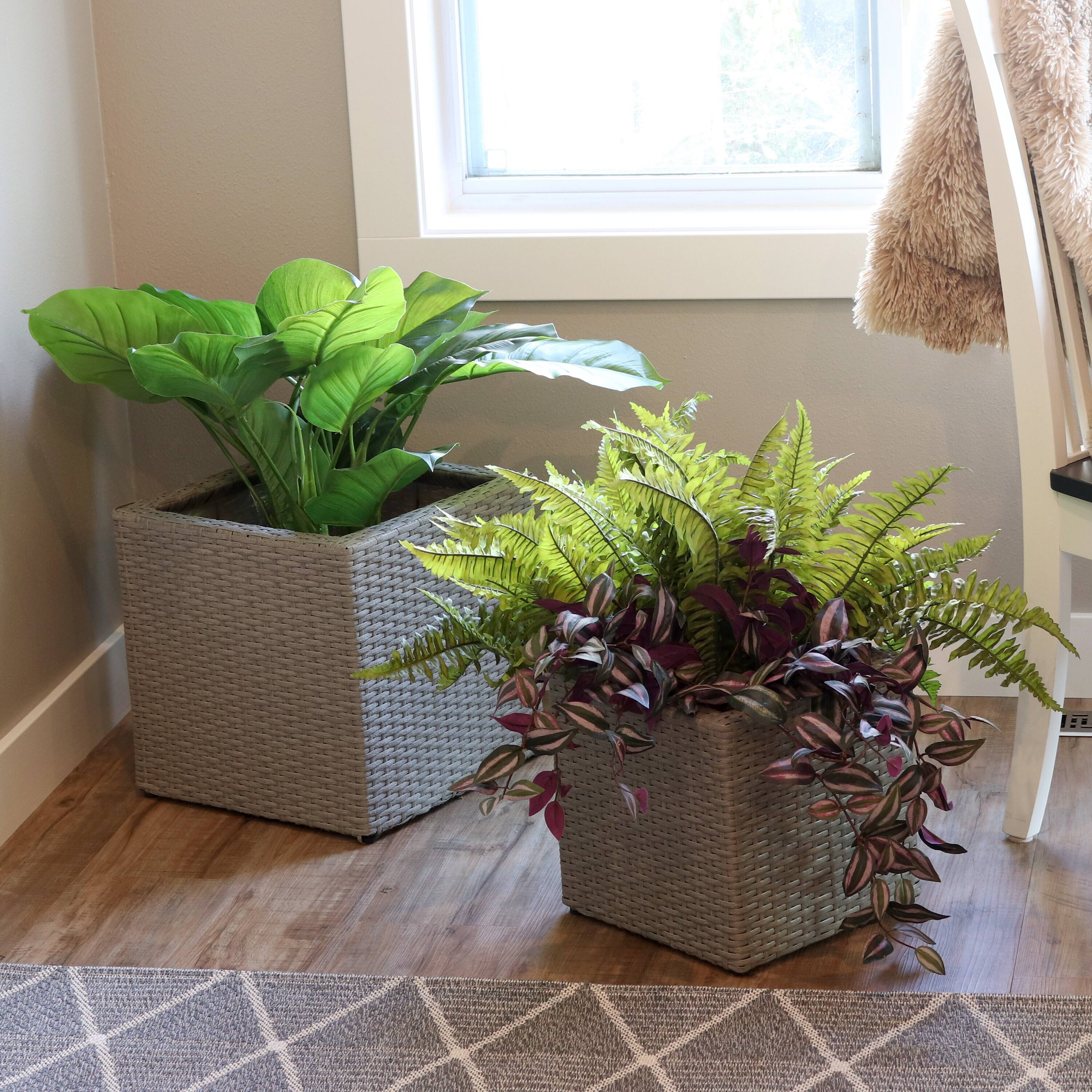 Alt View 1. Sunnydaze - Polyrattan Indoor Square Planter - 11 in, 14 in - Gray.