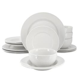 Elama - Soyer 16 Piece Textured Design Double Bowl Porcelain Dinnerware Set - White