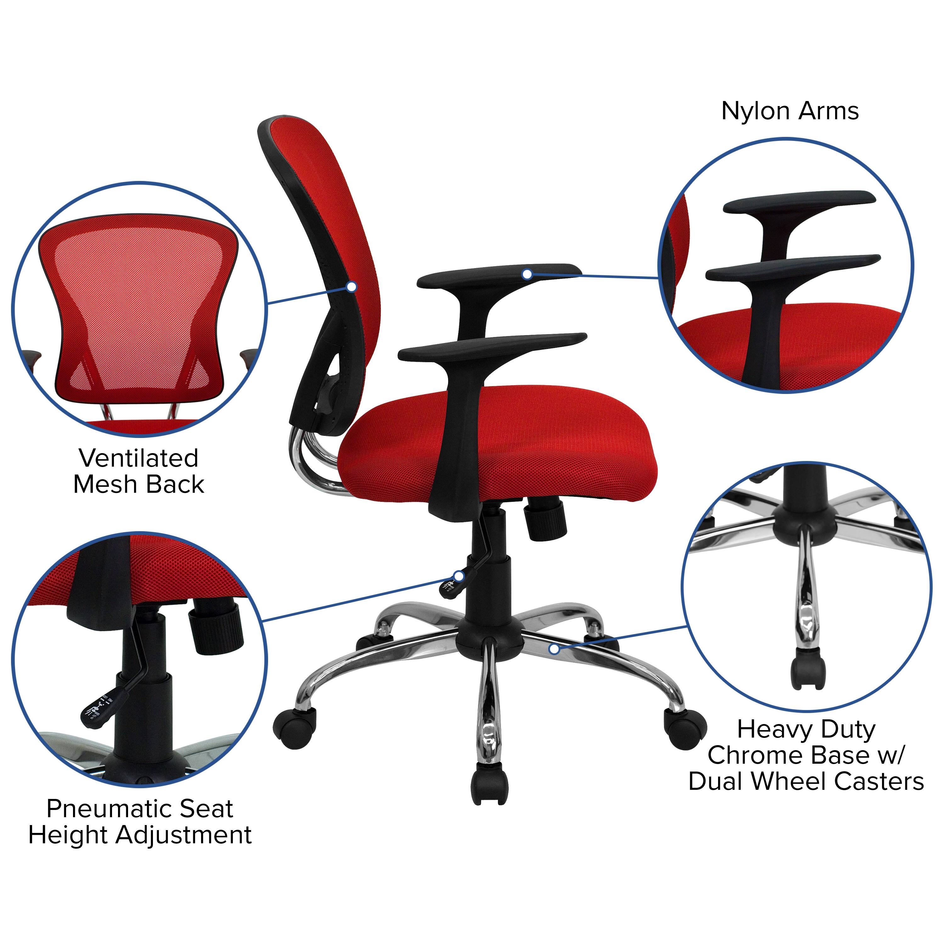 Nylon Arms  
Ventilated Mesh Back  
Pneumatic Seat Height Adjustment  
Heavy Duty Chrome Base w/ Dual Wheel Casters