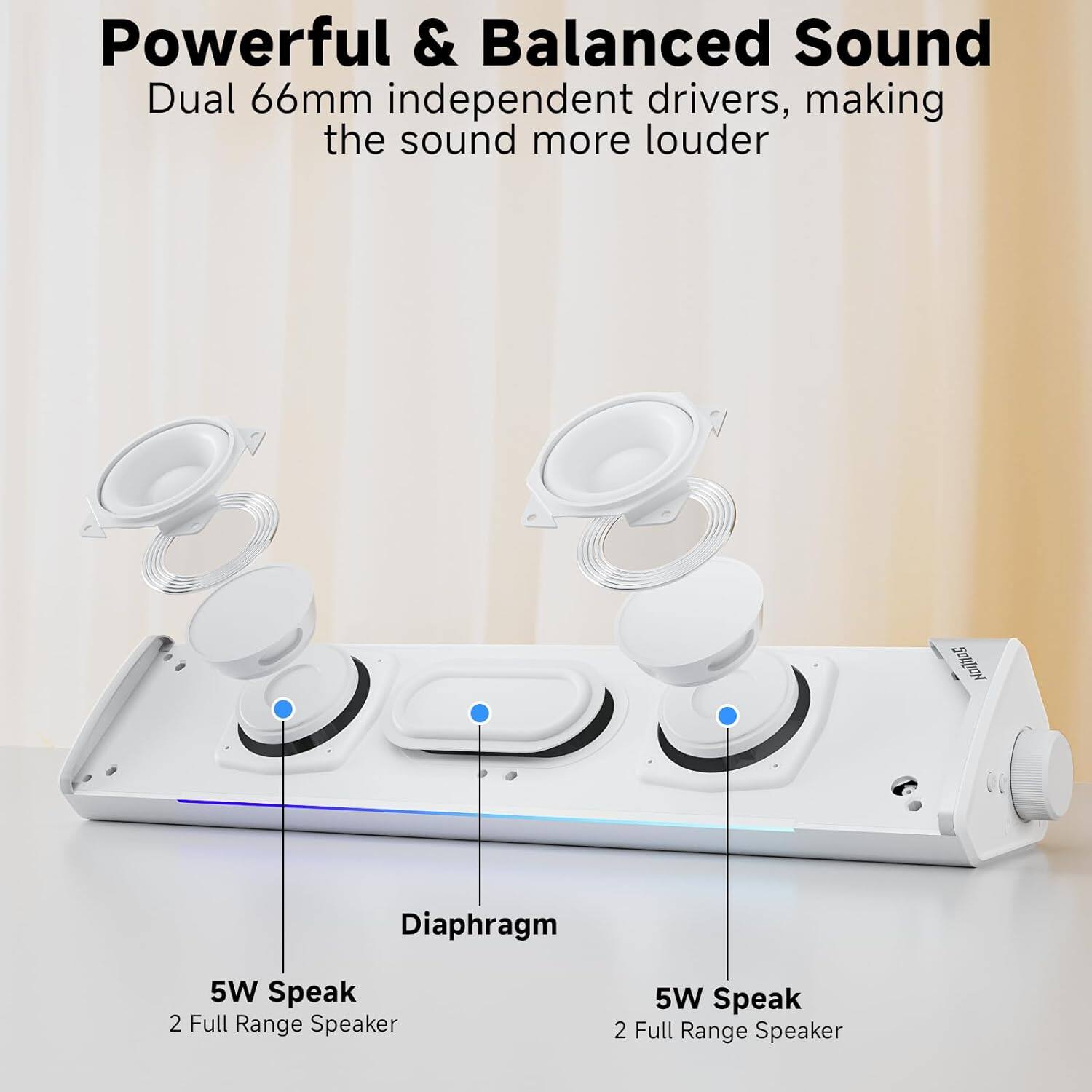 Powerful & Balanced Sound  
Dual 66mm independent drivers, making the sound more louder  

5W Speak  
2 Full Range Speaker  

5W Speak  
2 Full Range Speaker  

Diaphragm