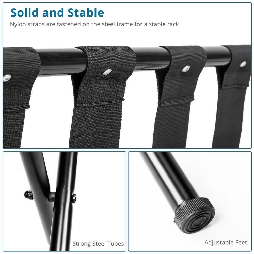 Solid and Stable  
Nylon straps are fastened on the steel frame for a stable rack  

Strong Steel Tubes  

Adjustable Feet