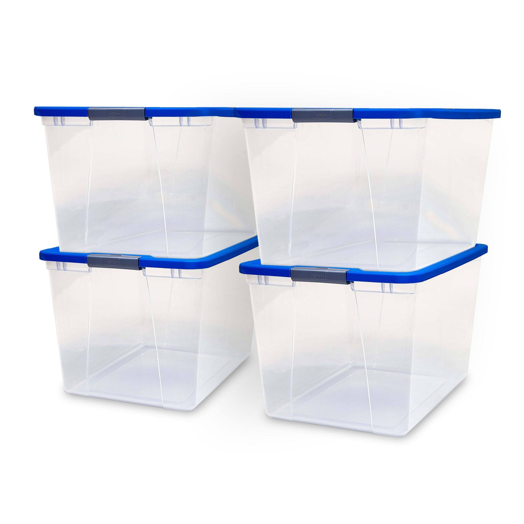 Front. Homz - Homz 64 Qt Secure Latch Large Clear Stackable Storage Container Bin (4 Pack) - Blue Lid.