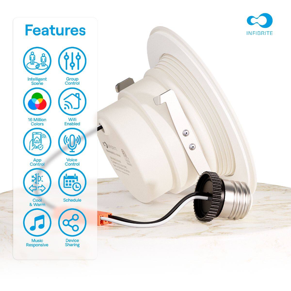 Features  
- Intelligent Scene  
- Group Control  
- 16 Million Colors  
- Wifi Enabled  
- App Control  
- Voice Control  
- Cool & Warm  
- Schedule  
- Music Responsive  
- Device Sharing