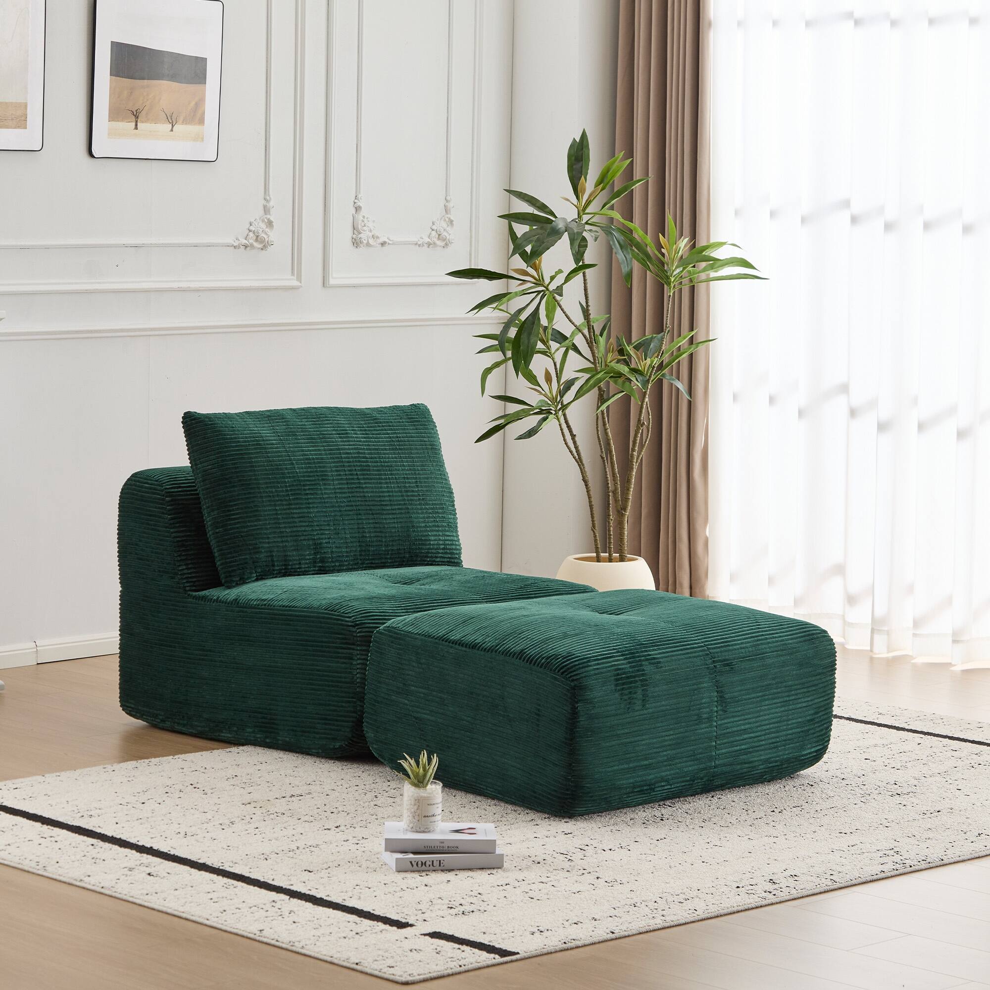 Left. Boyel Living - Memory Foam Corduroy Chaise Lounge with Movable Ottoman - Green.