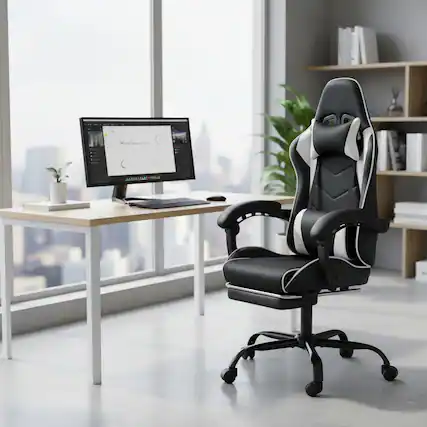 Front. Forest'nSky - Gaming Chair with Massage, PU Leather Racing Style Sports Car Seat, Moulded Sponge, Desk Chair,White - White.
