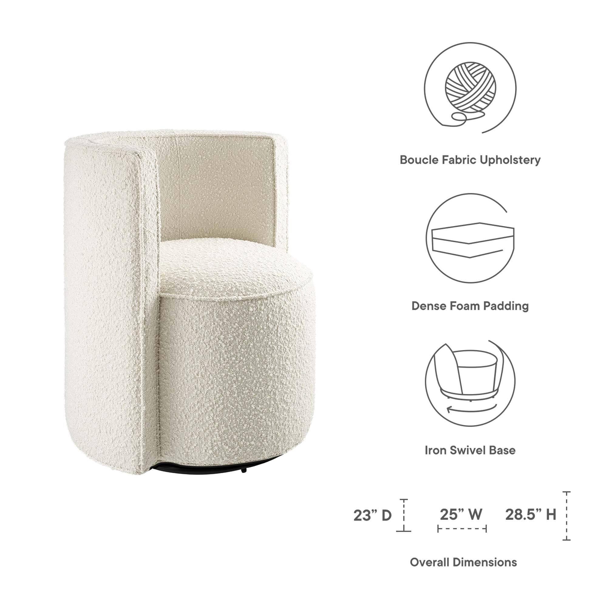 Boucle Fabric Upholstery  
Dense Foam Padding  
Iron Swivel Base  

Overall Dimensions:  
23" D x 25" W x 28.5" H