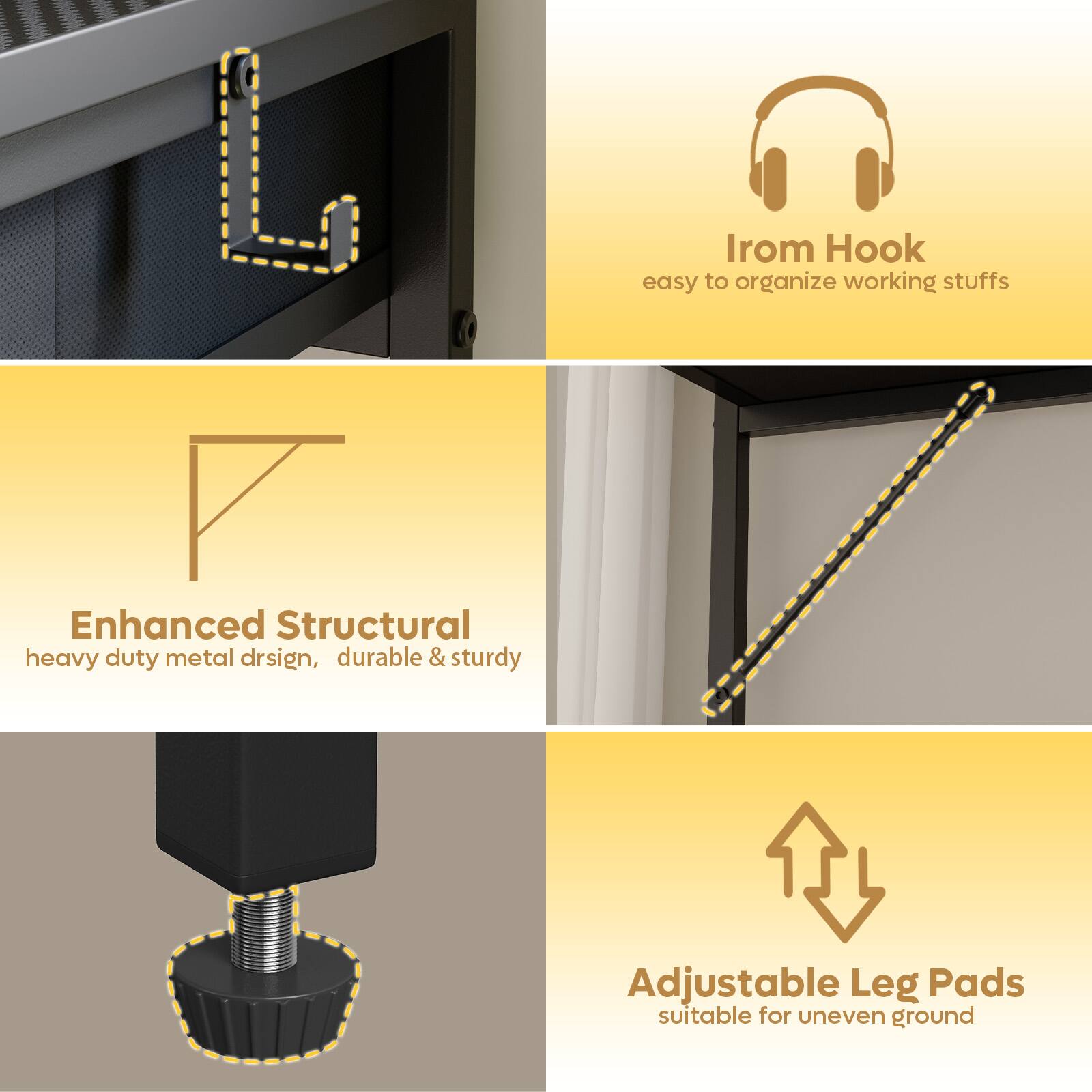 Irom Hook easy to organize working stuffs

Enhanced Structural heavy duty metal design, durable & sturdy

Adjustable Leg Pads suitable for uneven ground