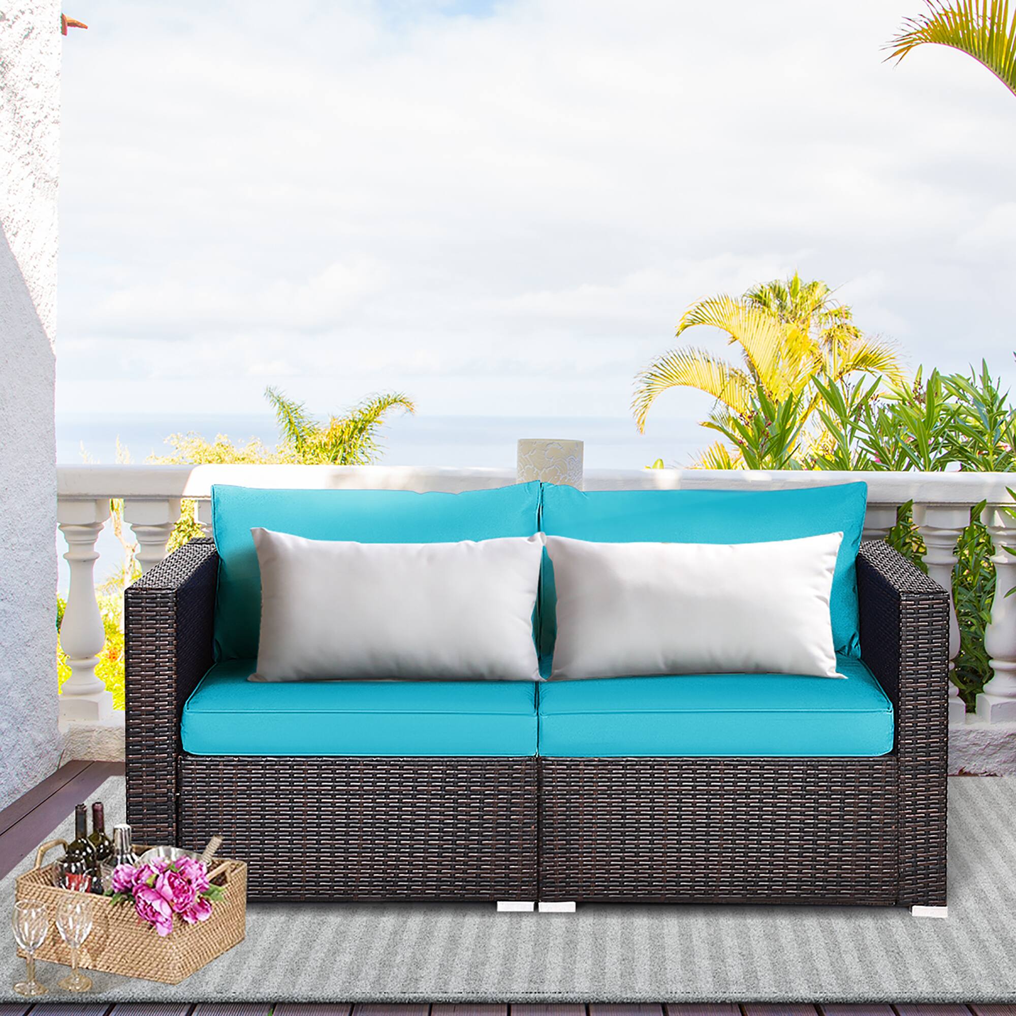 Alt View 1. Costway - Costway 2PCS Patio Rattan Corner Sofa Sectional Furniture Blue Cushion - Blue.