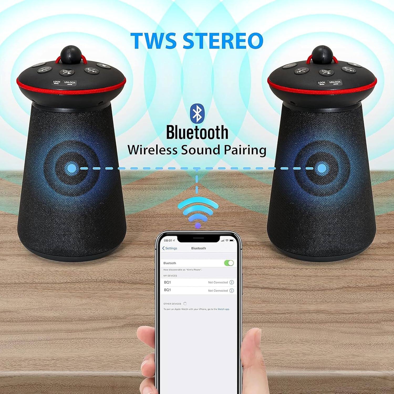 TWS STEREO

Bluetooth Wireless Sound Pairing

Bluetooth
08:01

Settings
Bluetooth
BQ1
Not Connected

MY DEVICES
BQ1

OTHER DEVICES
To pair an Apple Watch with your iPhone, go to the Watch app.