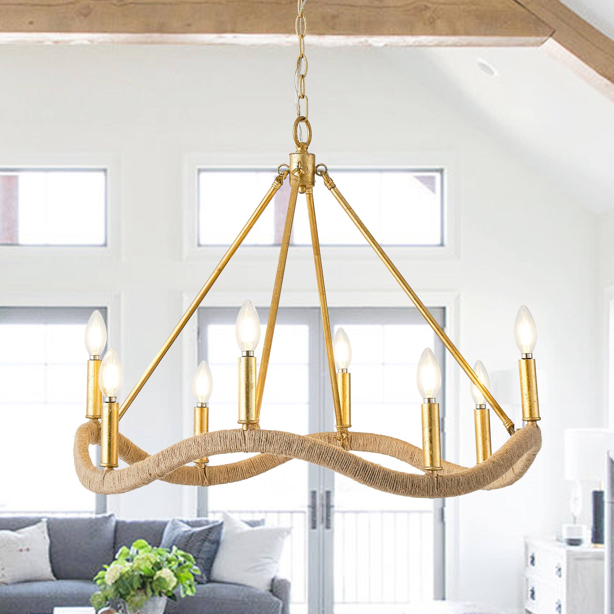 Angle. Parrot Uncle - 27.6 in. 8-Light Modern Farmhouse Gold Natural Jute Large Candle Chandelier - Gold.
