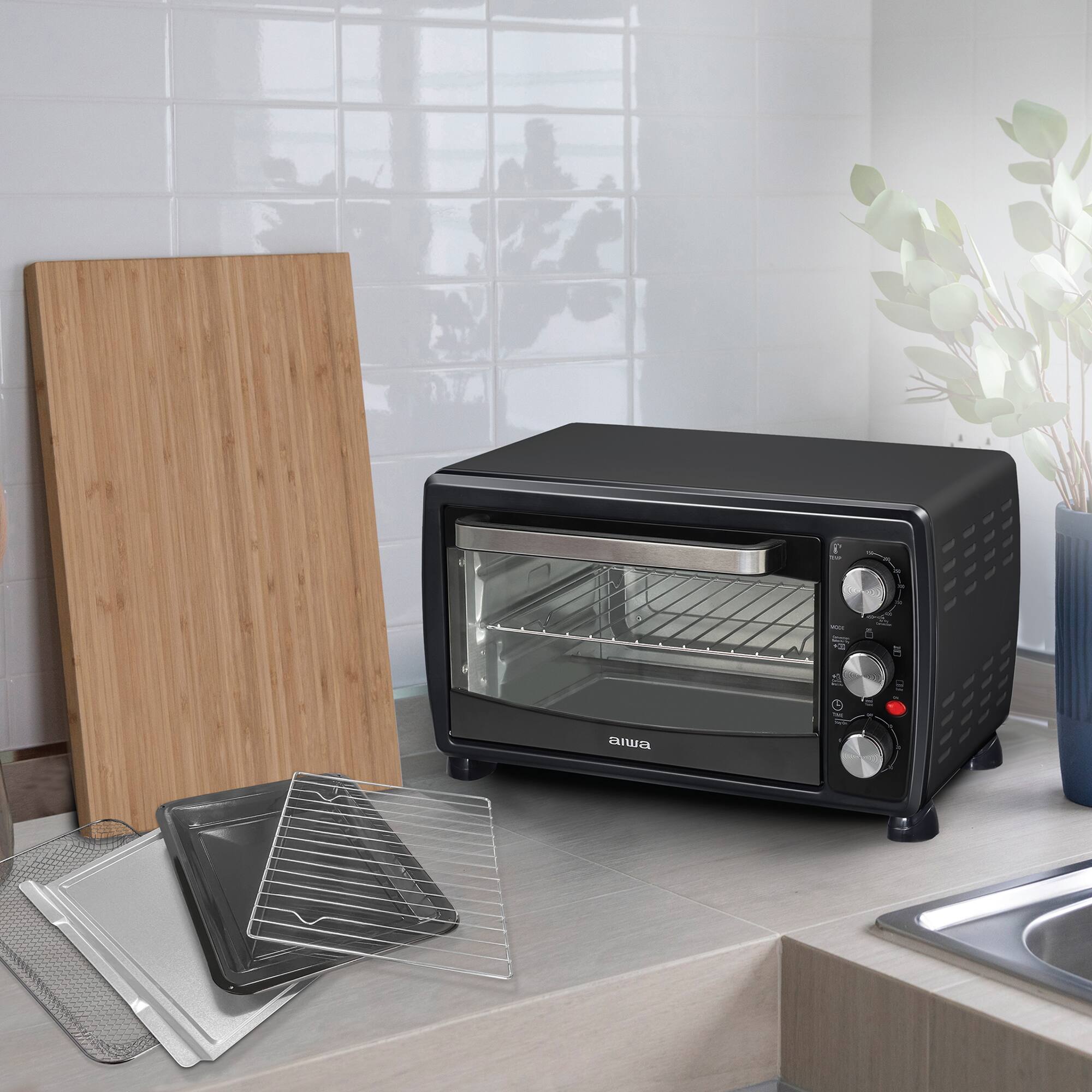 Alt View 3. Aiwa - 1400W Toaster Oven 6 Slice with Baking Tray, Air Fry Bake Toast Cook and Broil, Temperature Control, 60 Min Timer Knob - Black.